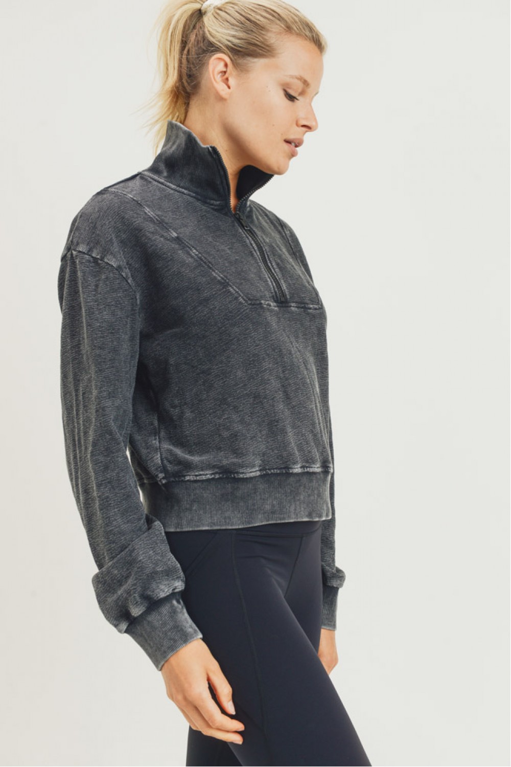 Half-Zip Jacquard Mineral-Wash Pullover with Tall Collar - Sea